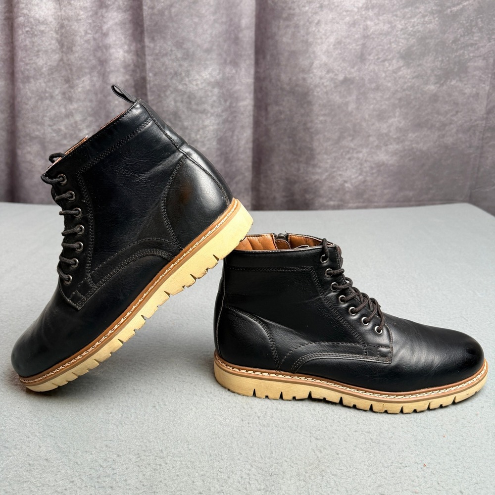 Mens Black Faux Leather Lace Up Side Zip Combat Boots Tan Lug Sole Size 9M
